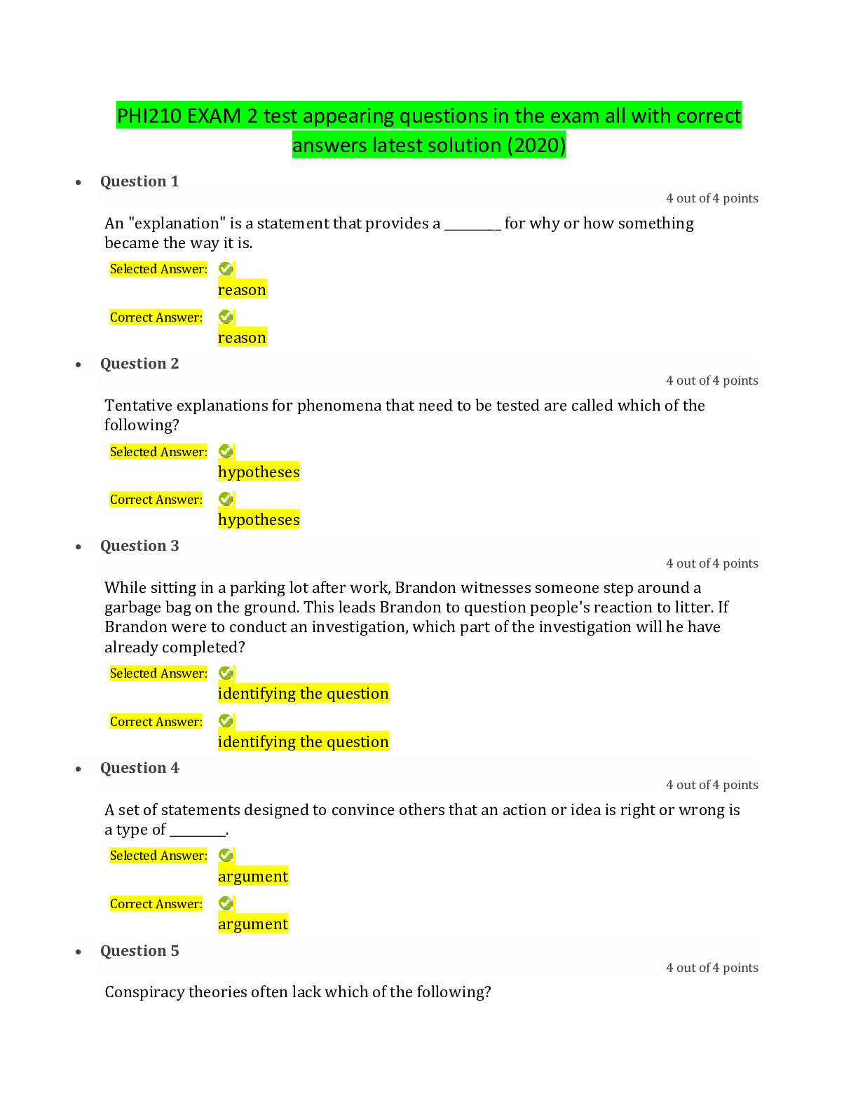 Preview of PHI210 EXAM 2 test appearing questions in the exam all with correct answers latest solutio